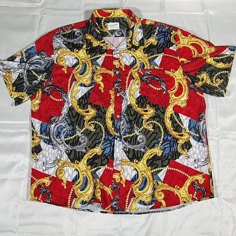 Fohemr Baroque 3xl Mens Gold Silver Print Short Sleeve Button Up Shirt Red Green